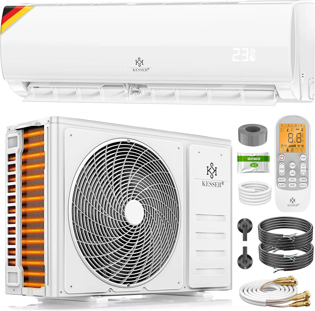 Kesser Klimaanlage, Split Set Quick Connect 9000 BTU 2,6 kW, mit Kupferleitung Kältemittel R32 inklusive. Montagematerial, Modell R32