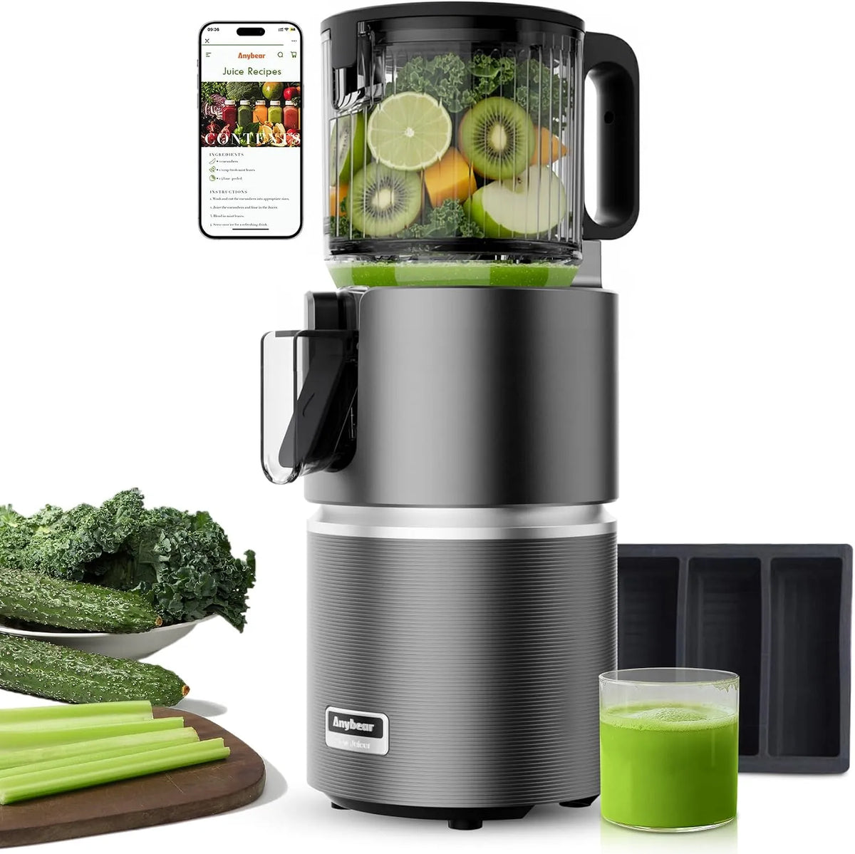 Entsafter Anybear, Leistung 350W Slow Juicer, mit Doppel-Zerkleinerungstechnologie für Ganze Früchte & Gemüse, Mit Saftrezepten, Hohe Saftausbeute