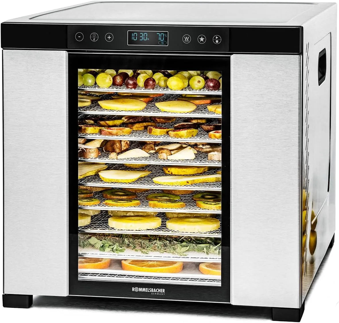Tablet DA 1050, ROMMELSBACHER Dörrautomat, Dörrfläche 1,6 m², 10 Edelstahl-Dörrtabletts, 99 Std. Zeitschaltuhr, 35 °C, 75 °C, Warmhaltefunktion