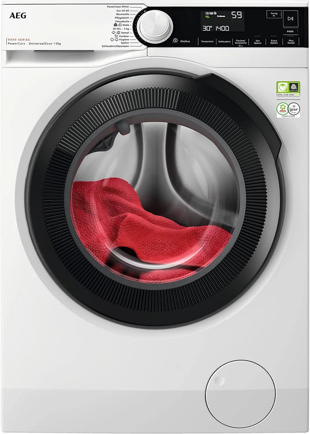 AEG Waschmaschine 8000 1400 LR8E70480, Gewicht 8 kg, Serie PowerCare-Faserschutz, Dampf-Programm, UniversalDose Schublade für Pods, Leise, min