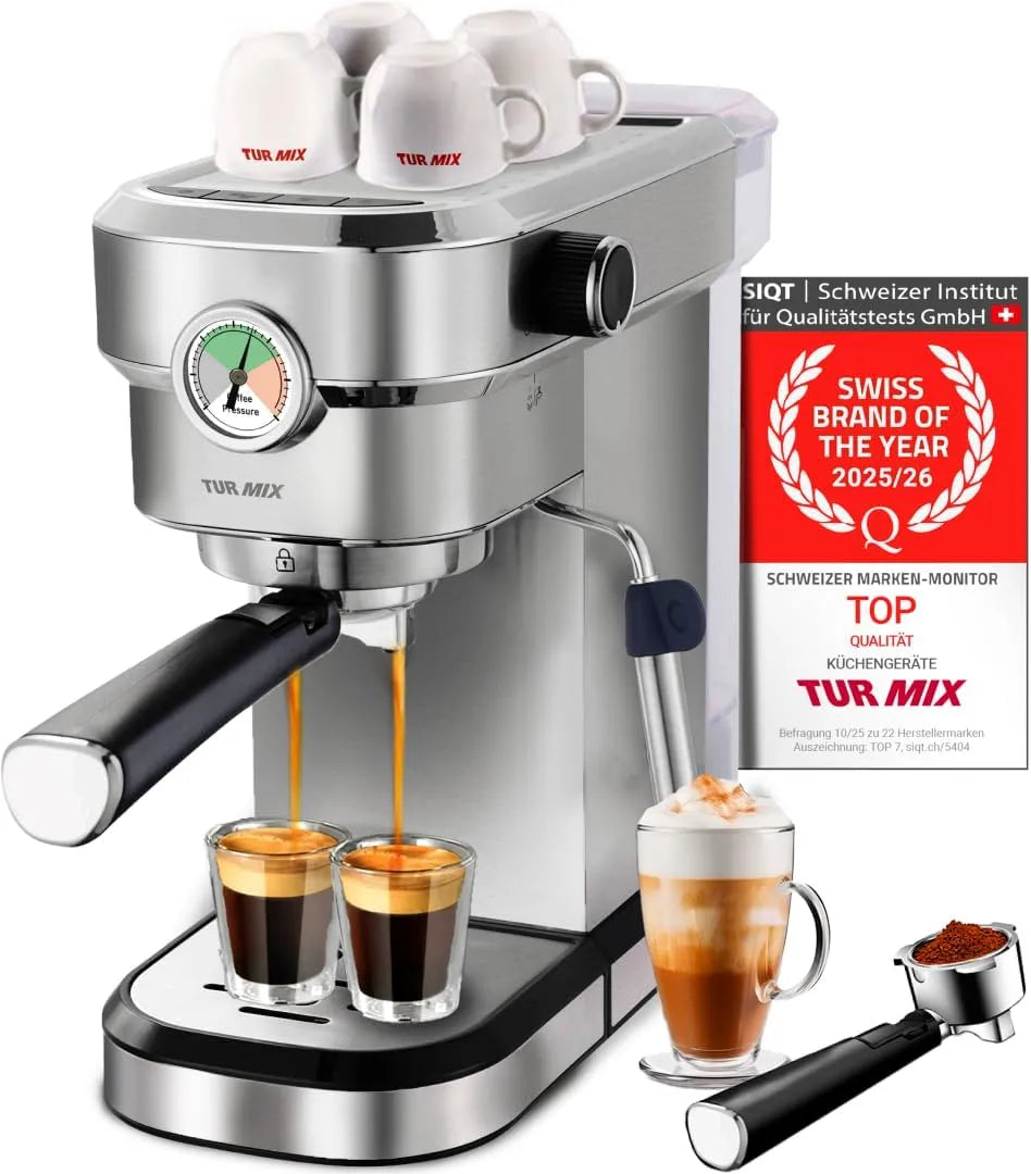 Espressomaschine TX 590 Turmix, Leistung 1350W 1,1L Wassertank, 20 Bar-Kaffeemaschine mit milchschäumer, 17 cm breit, Beheizte Tassenabstellfläche