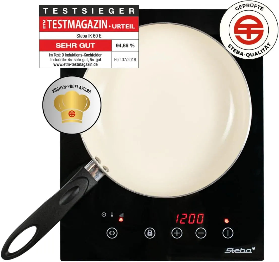 Induktionskochfeld IK 60 E Steba Einbau, Glas-Keramik-Oberfläche auf 28,0 x 28,0 cm, Fassungsvermögen 10 Leistungsstufen, 2000 Watt, Einbaufähig