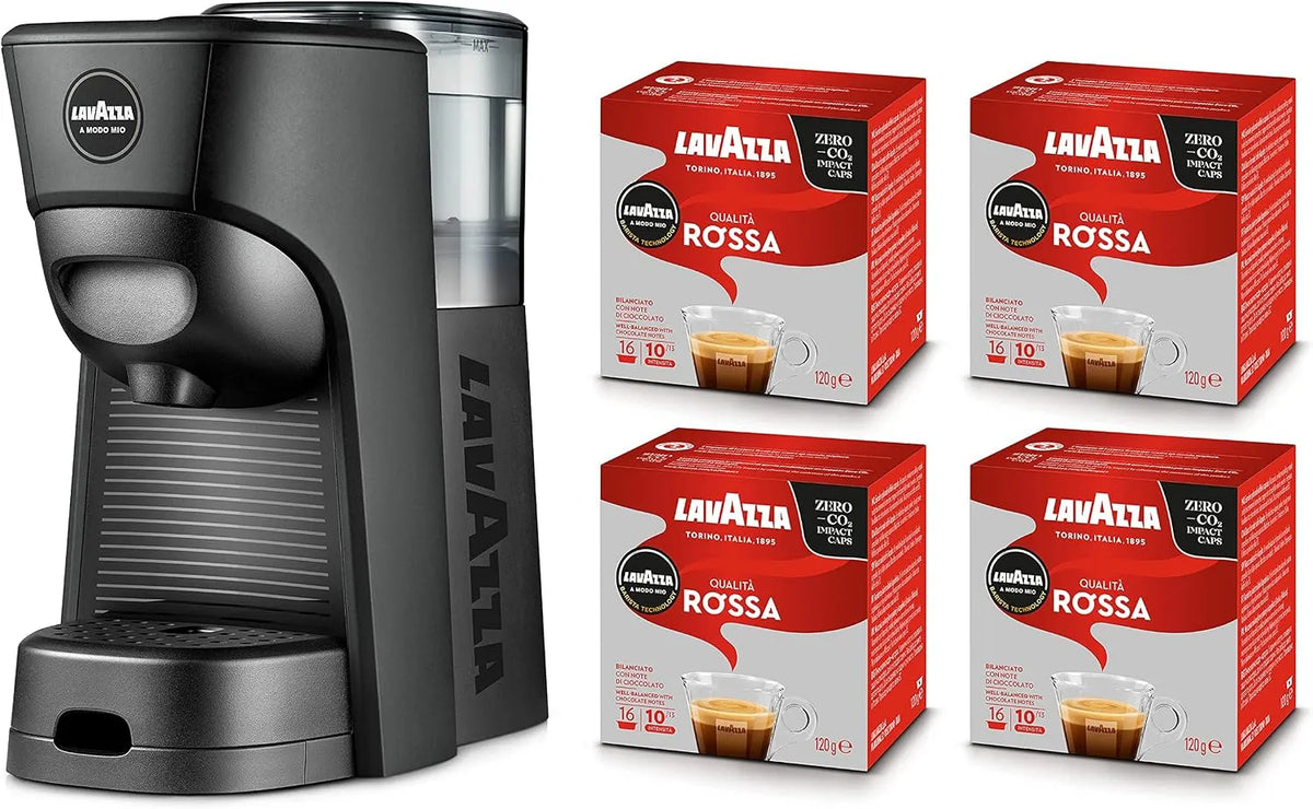 Kaffeemaschine, 50/60 Hz, Leistung 1450 W, 220-240 V, Fassungsvermögen 0,6 Liter, A Modo Mio Tiny Eco Black mit 64 Kapseln roter Qualität inklusive