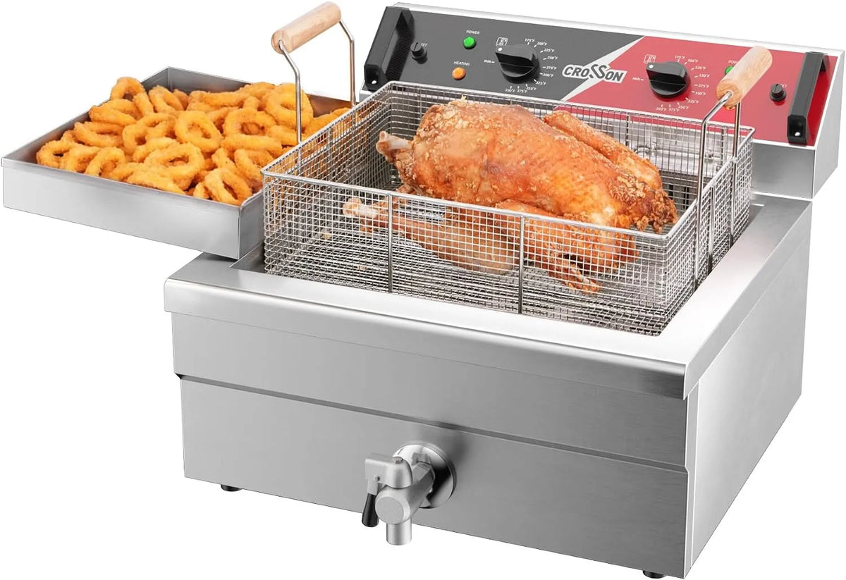 Elektrische Fritteuse Große mit Edelstahlgehäuse Fritteuse mit Ablaufhahn,3 Korb CROSSON Kommerzielle, für Küche Restaurant Verwendung