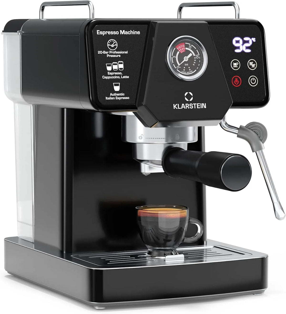 Klarstein Espresso-Siebträgermaschine 8-l-Wassertank, 19 Bar, Leistung 1.350 W, Libeica Mit Mahlwerk, Edelstahl, Dampfdüse, Touch-Bedienfeld