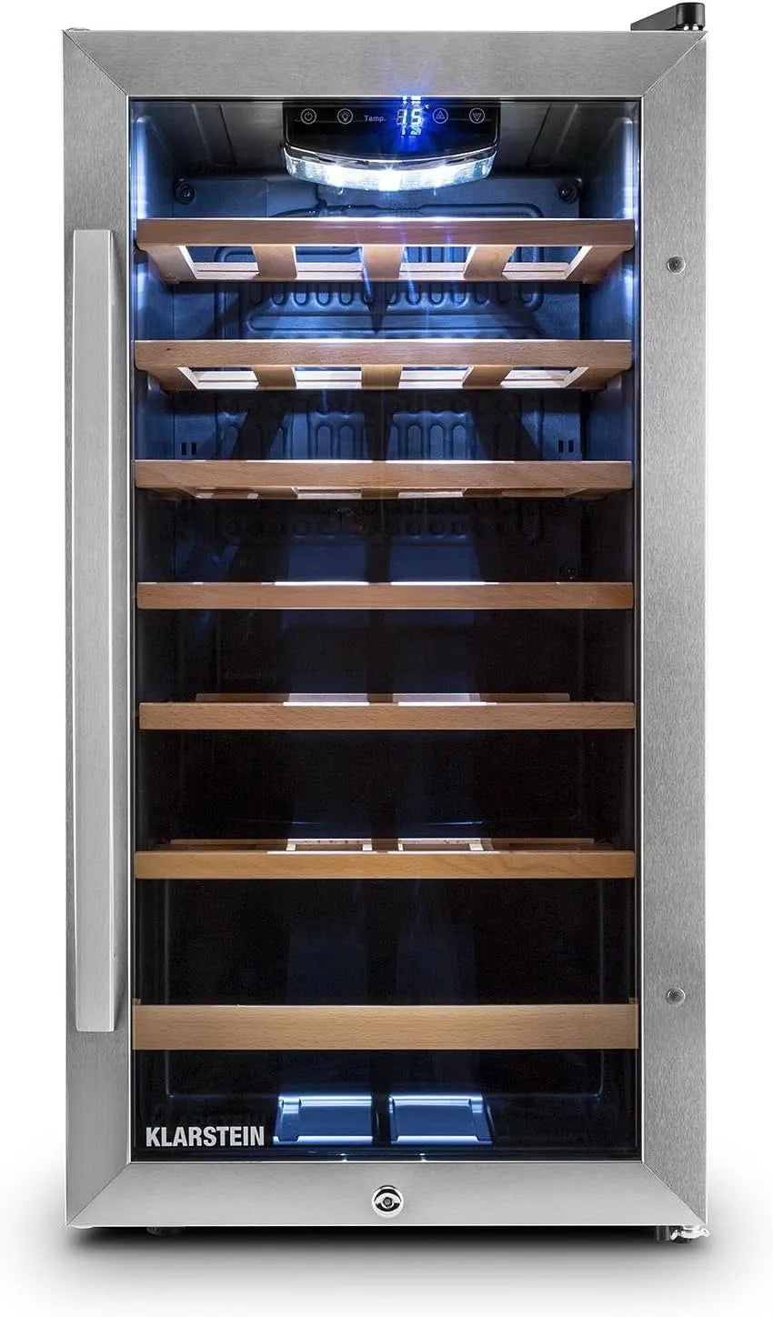 Klarstein Vivo Wine 26 Wine Cellar, Fassungsvermögen 88 L, Beverage cooler, temperature control, Door on both sides, Silver, 26 bottles, LED