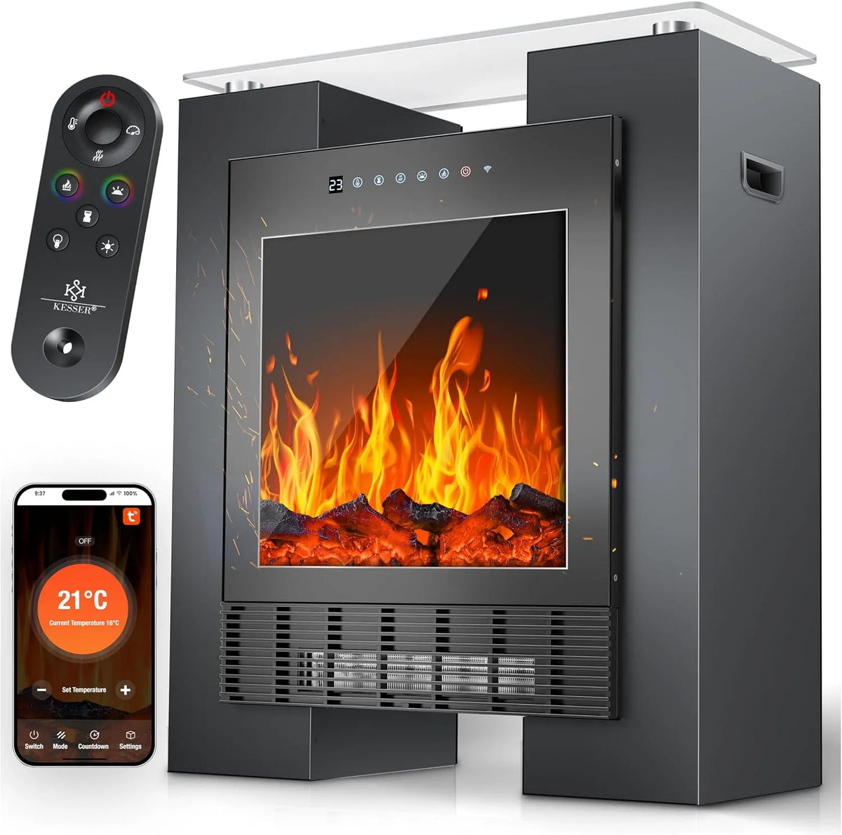 Kesser Elektrokamin, LED Kamin mit Heizung elektrisch, Standkamin mit realistischem Feuer, in Schwarz, mit Timer,15-35°C, Heizlüfter mit Thermostat