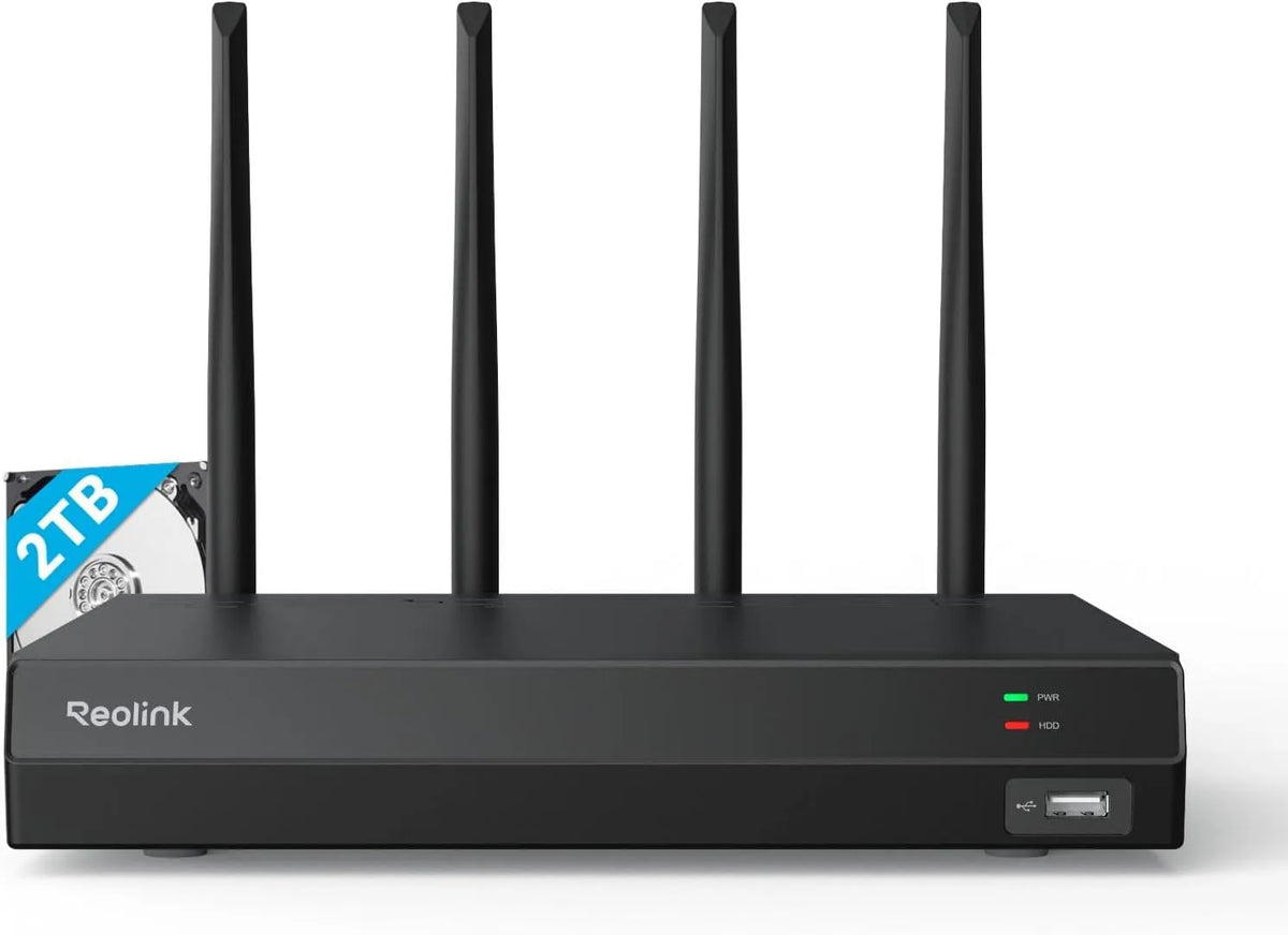 Reolink 4K WLAN NVR mit Wi-Fi 6, Integrierte HDD 12CH 2TB RLN12W, 2,4/5GHz WiFi, 24/7 Aufzeichnung, Keine PoE-Ports, in Schwarz, außer 4G Kameras