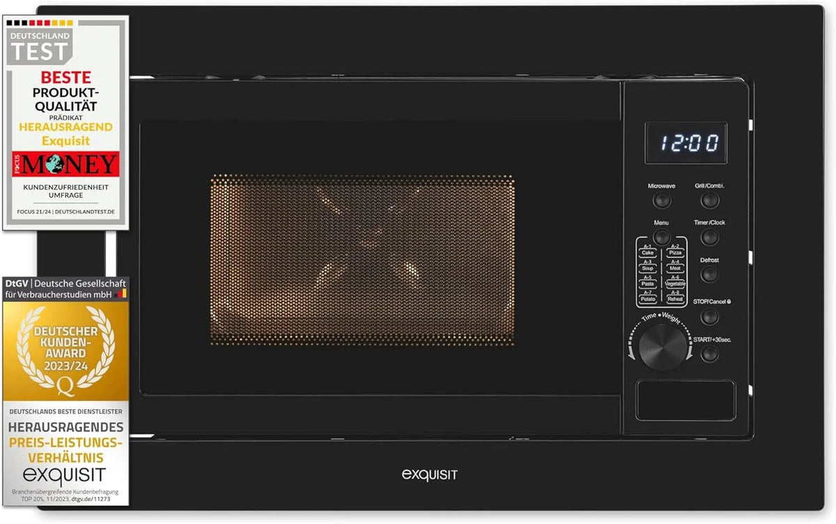 Exquisit Grill EMW20-DG-020, 8 Autokochprogramme, Einbaumikrowelle in Schwarz, Edelstahl-Garraum, 800 W Leistung, Drehteller 27cm, Einbaugerät