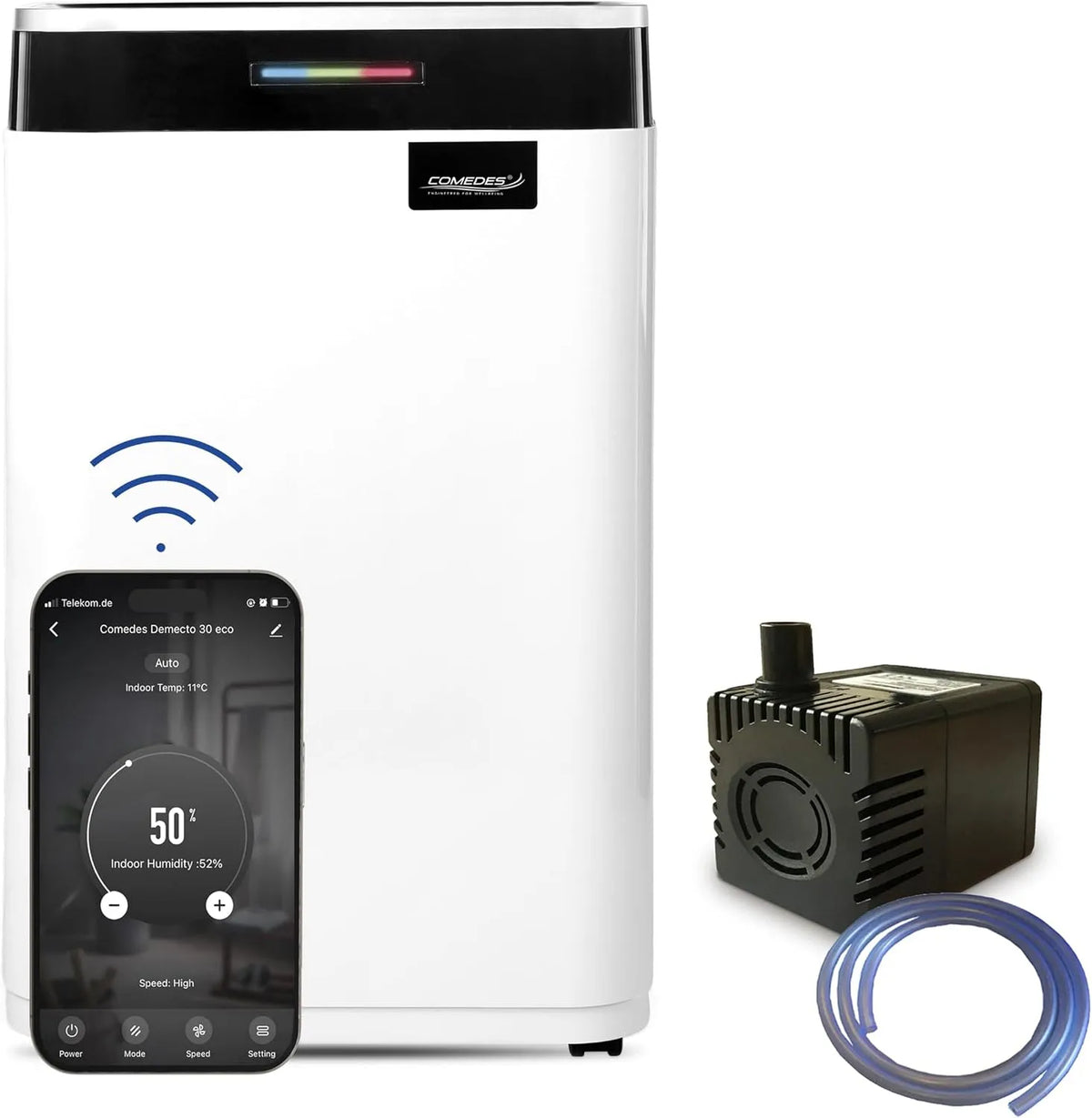 Luftentfeuchter, Comedes Demecto 30 eco WiFi, 25l/24h, Fassungsvermögen 25l, Geeignet für Räume & Keller bis 100m², 230m³, inklusive. 3m Schlauch