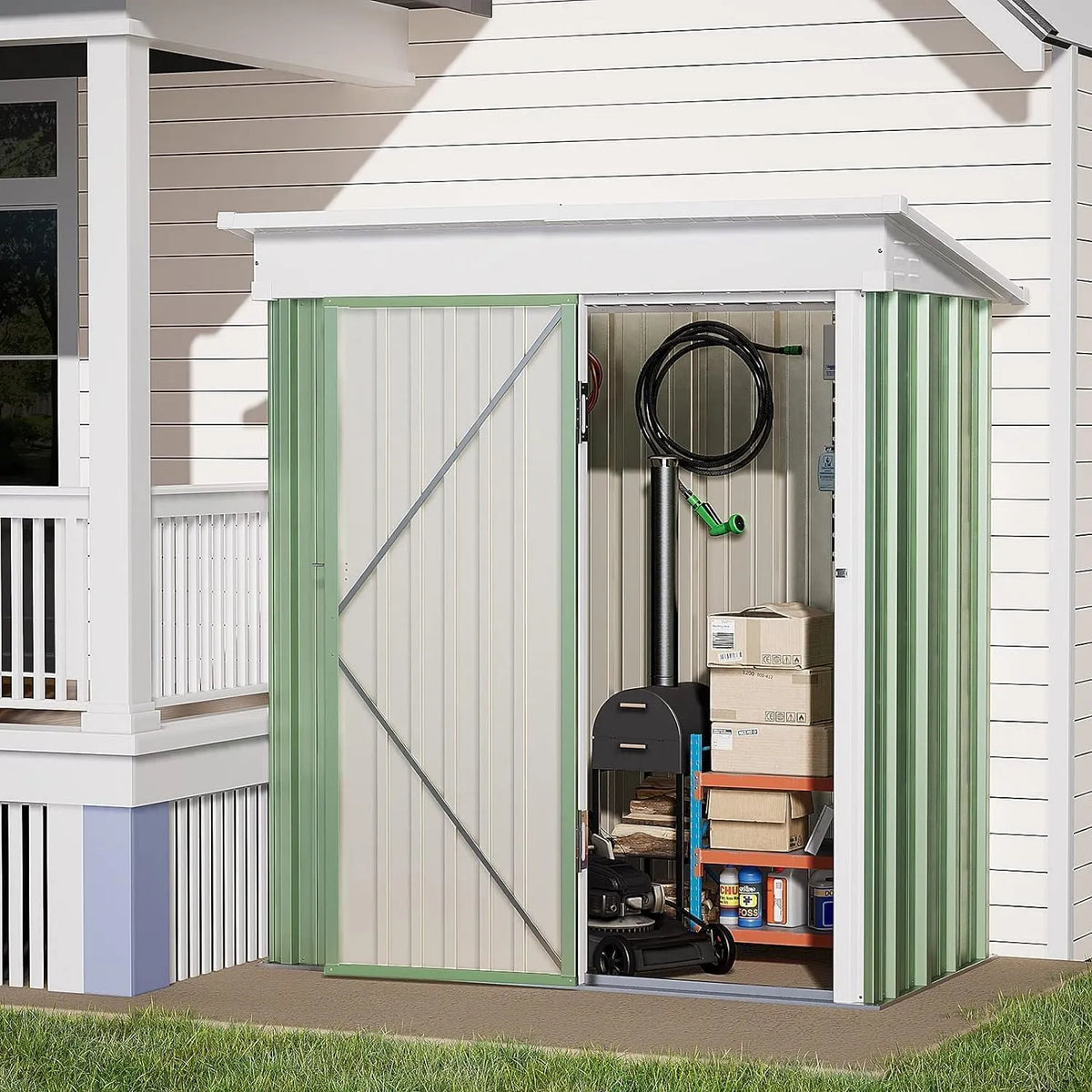 Gartenhaus, mit 1.5 m², 162 x 92 x 180 cm für den Außenbereich, Verzinkter Stahl mit Abschließbarer Tür für Hinterhof, Pultdach, Geräteschuppen
