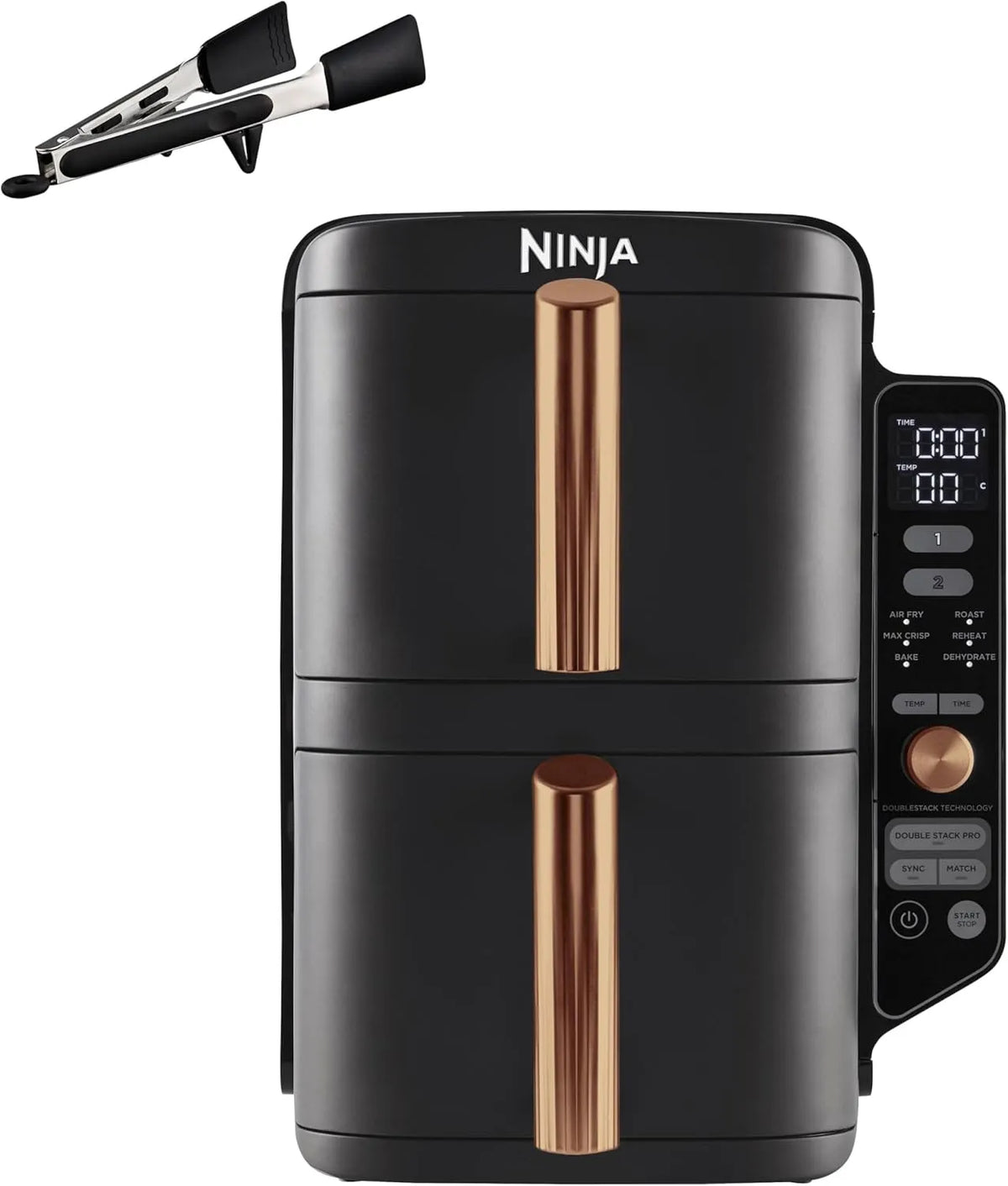 Ninja Heißluftfritteuse SL400EUCP, 2 vertikale Schubladen, 2 Einschübe, 8 Portionen, platzsparendes Design, Kupfer, 9,5 L Fassungsvermögen, Zange