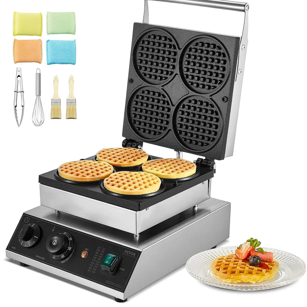 Vevor, für Restaurant Bäckerei Snackbar 4 runde Waffeln, mit Temperatur- und Zeitregelung