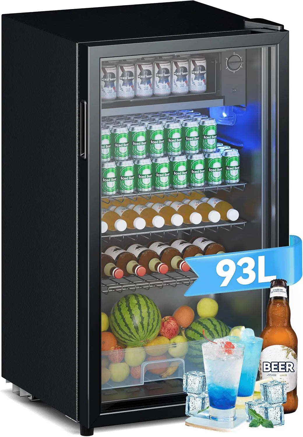 Kühlschrank, mit RGB LED Lichtern, Indoor, für zu Hause, Partys & Gastro, in Schwarz, Devoko Getränkekühlschrank mit Glast,93L Minikühlschrank