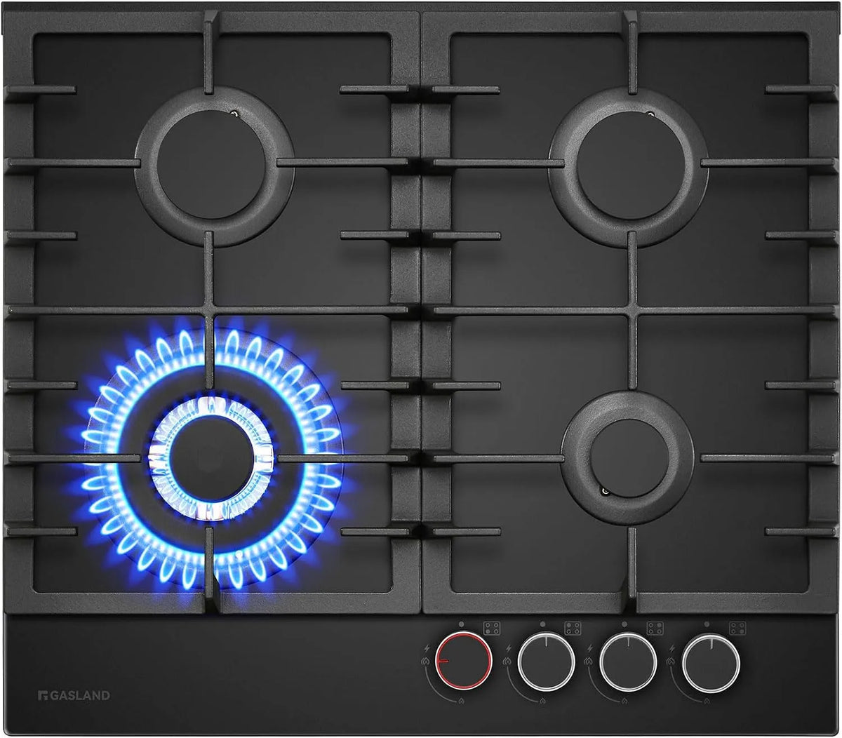 Kochfeld GH2604BG1FC, GASLAND PRO Glas Gaskochfeld 4 Flammig, 60 cm Glasherd mit 2 Stützen, Butan-Gasherd 8000 W, Gas mit Beleuchtetem Drehknopf, LPG