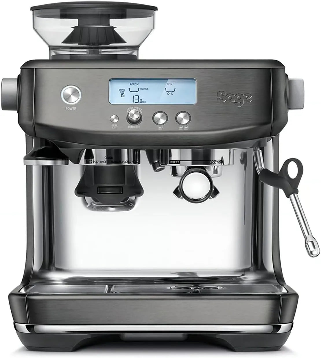 Sage Kaffeemaschine, The Barista Pro, 30 Mahlgradeinstellungen, 1650 Watt, inklusive. Milchkännchen und Tamper, Schwarzer Edelstahl