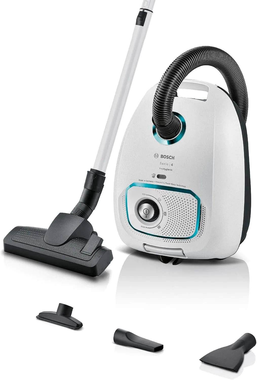 Bosch Staubsauger BGD41HYG, Leistung 600 W, Hygiene-Filter, integriertes Zubehör, langes Kabel, weiß, mit Beutel Serie 4 ProHygienic, 10 Jahre Motor