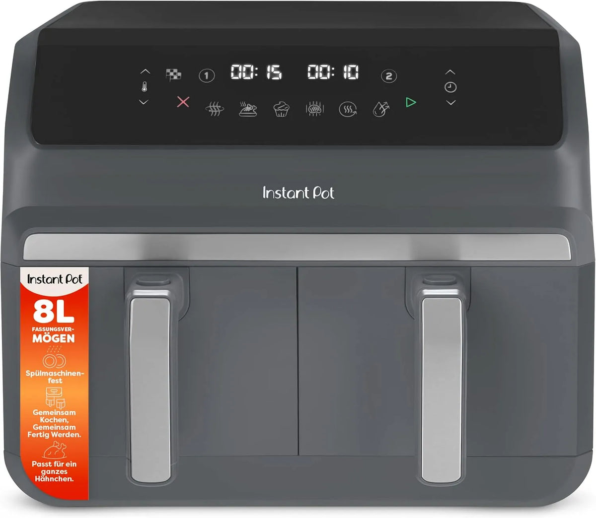 Heißluftfritteuse 4-l-Körbe, Fassungsvermögen 8 l, 8 in 1, Instant Pot, Vortex Dual Trüffelgrau, Groß, Familiengröße, zweifach, doppelte