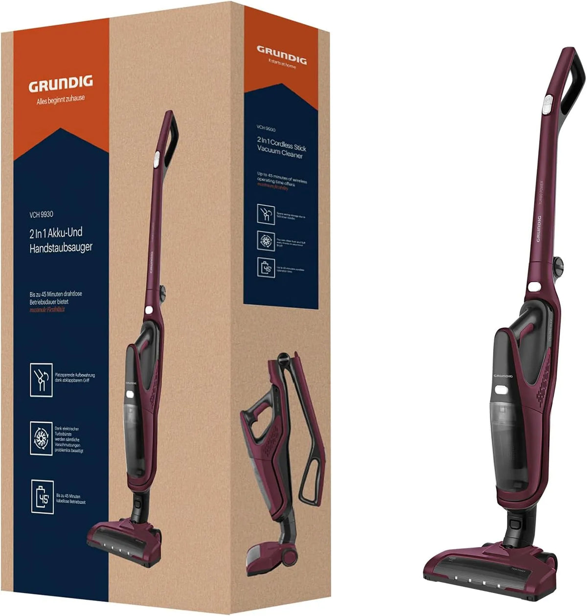 Grundig Staubsauger VCH 9930, Handstaubsauger 2 in 1, Li-Akku, Spannung 14,4 V, Violett