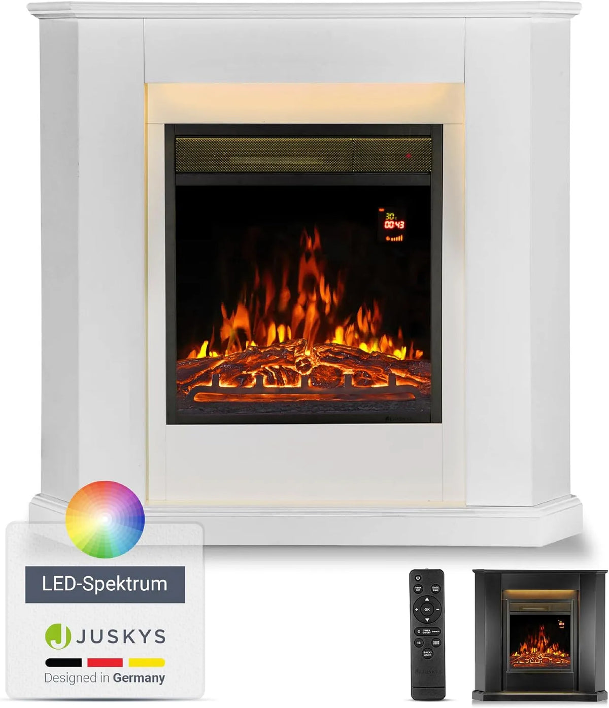 Elektrokamin Juskys, Kaminfeuer, Fernbedienung, Elektrischer Kamin Eckkamin weiß, 1000/2000 W mit Heizung, Flammeneffekt, LED Beleuchtung & Timer