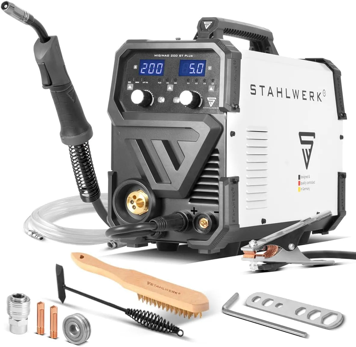STAHLWERK Schutzgasschweißgerät MIG MAG 200 ST, IGBT-Inverter mit 200 A und synergischem Drahtvorschub, FLUX, Fülldraht, geeignet, Lift-TIG & MMA, ARC