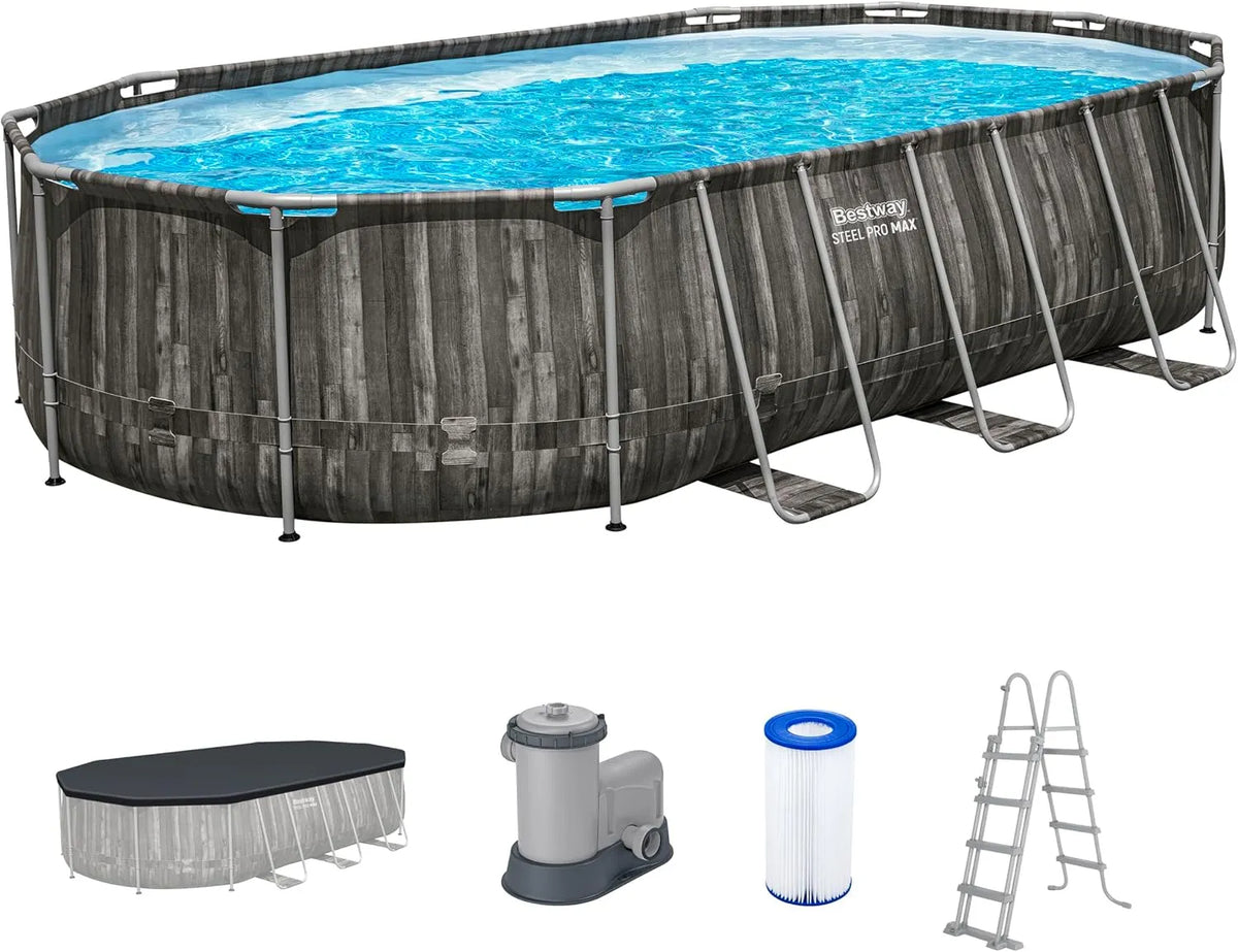 Bestway Pool, Maße 610 x 366 x 122 cm, Fassungsvermögen 20.241 L, Steel Pro MAX Frame Komplett-Set, 3-lagiges TriTech-Material, Holz-Optik