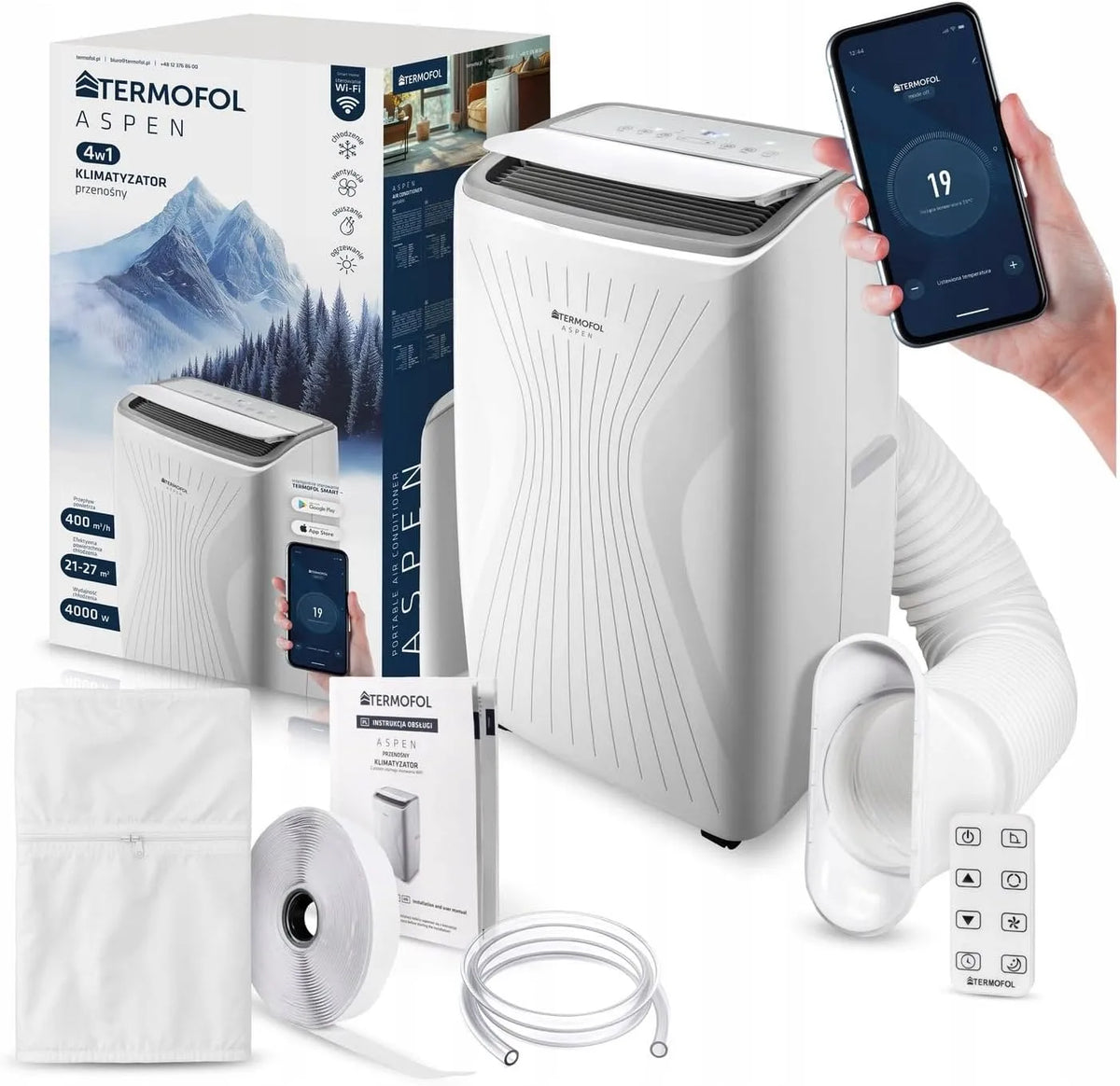 Klimaanlage 4in1 Termofol Mobile, ASPEN 4000W, energiesparendes Smart-Home-Gerät, Klimatisierung, Luftentfeuchter, Ventilator, Heizung, weiß