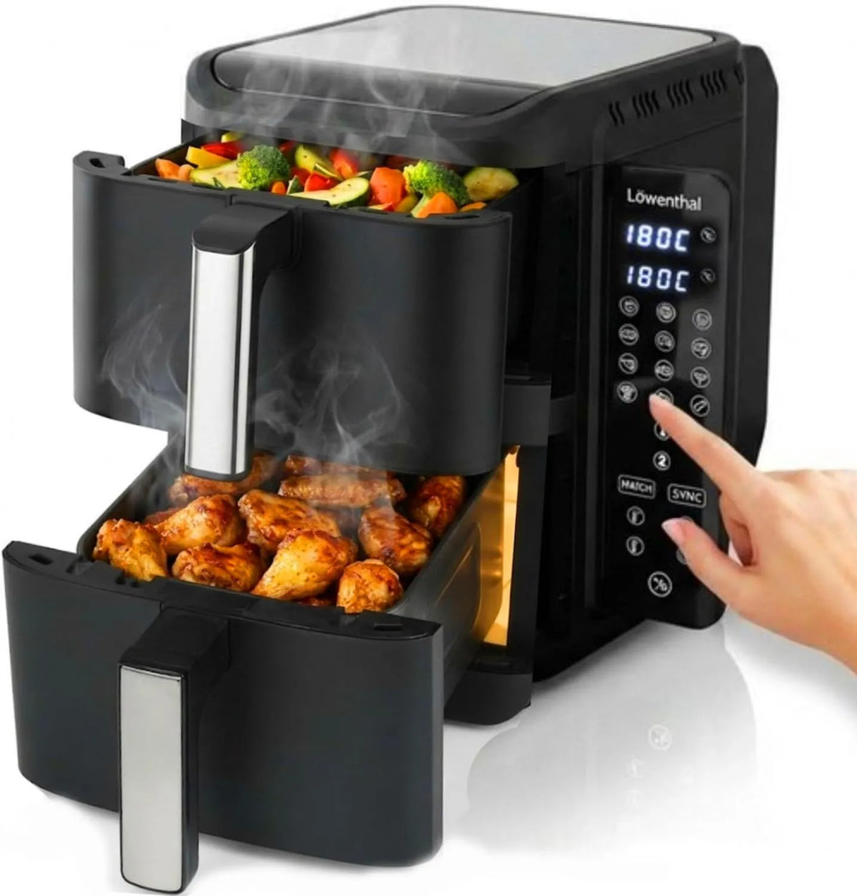 Heißluftfritteuse, Löwenthal Airfryer XL 11L, Maße 44.5x27.9x35.2 cm, mit Doppelkammer 5.5L + 5.5L, Leistung 2800W, 12 Betriebsprogramme, 60–200°C