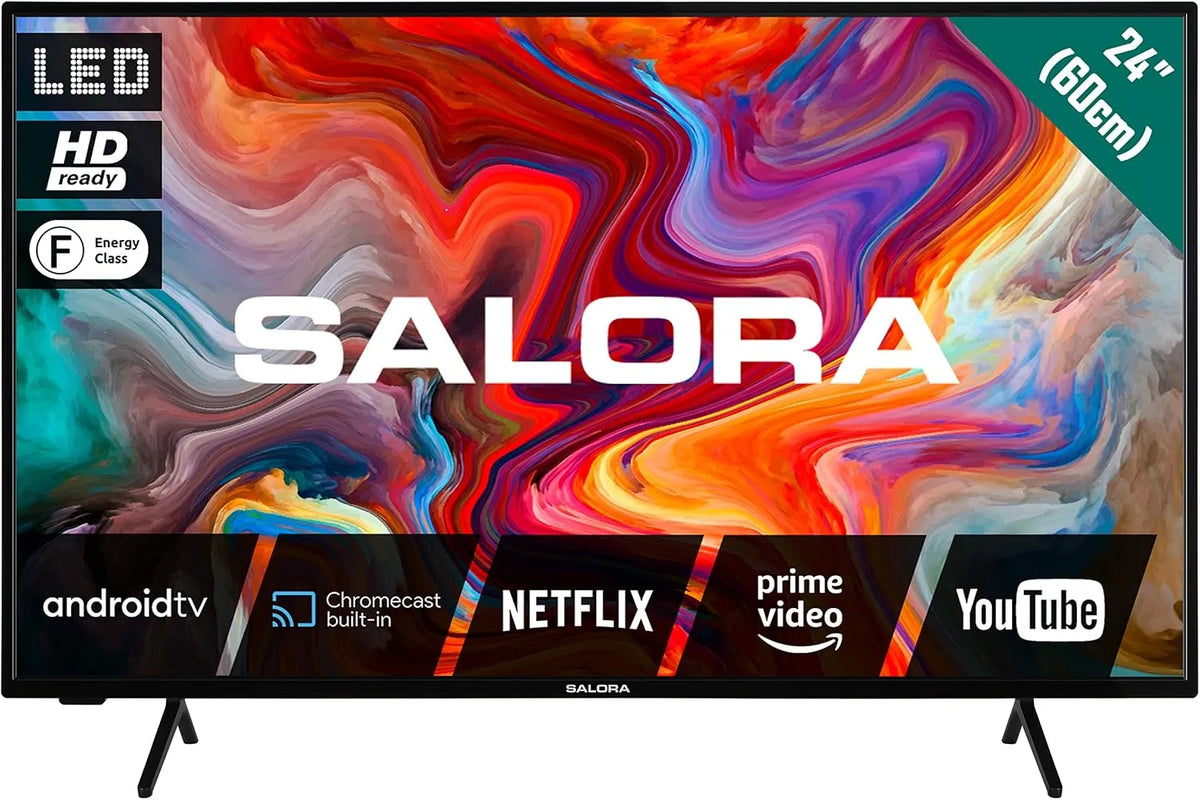 Modell SMART24TV SALORA, 24 Zoll Smart TV mit Android TV, 3X HDMI, LED Display, HD Ready, integriertem Chromecast, Dolby Audio, WLAN, Bluetooth
