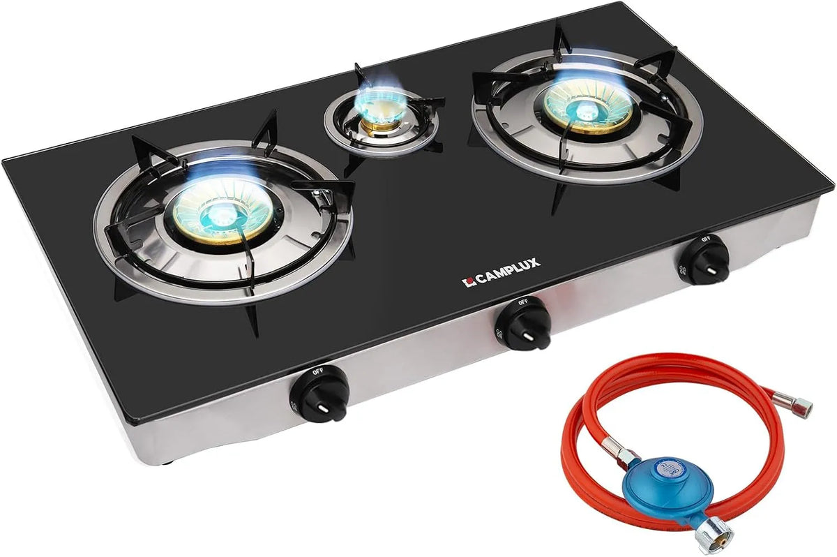 Kochfeld TC03GB 50mbar, Breite 72,5cm, CAMPLUX 3 Flammig Glas Gaskochfeld, Leistung 6,25 kW LPG Gaskocher, Gasregler