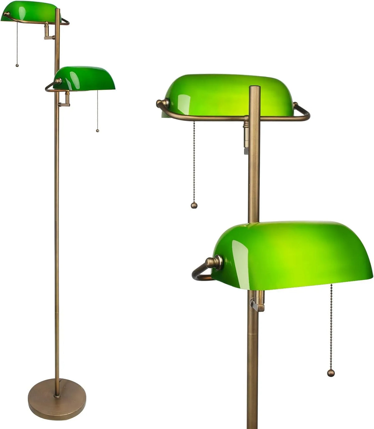 Schmal Vintage FIRVRE Stehlampe, Stehleuchte Gold mit Grüner Glaslampenschirm, Stehlampe Ecke mit Fußschalter für Wohnzimmer Büro Schlafzimmer