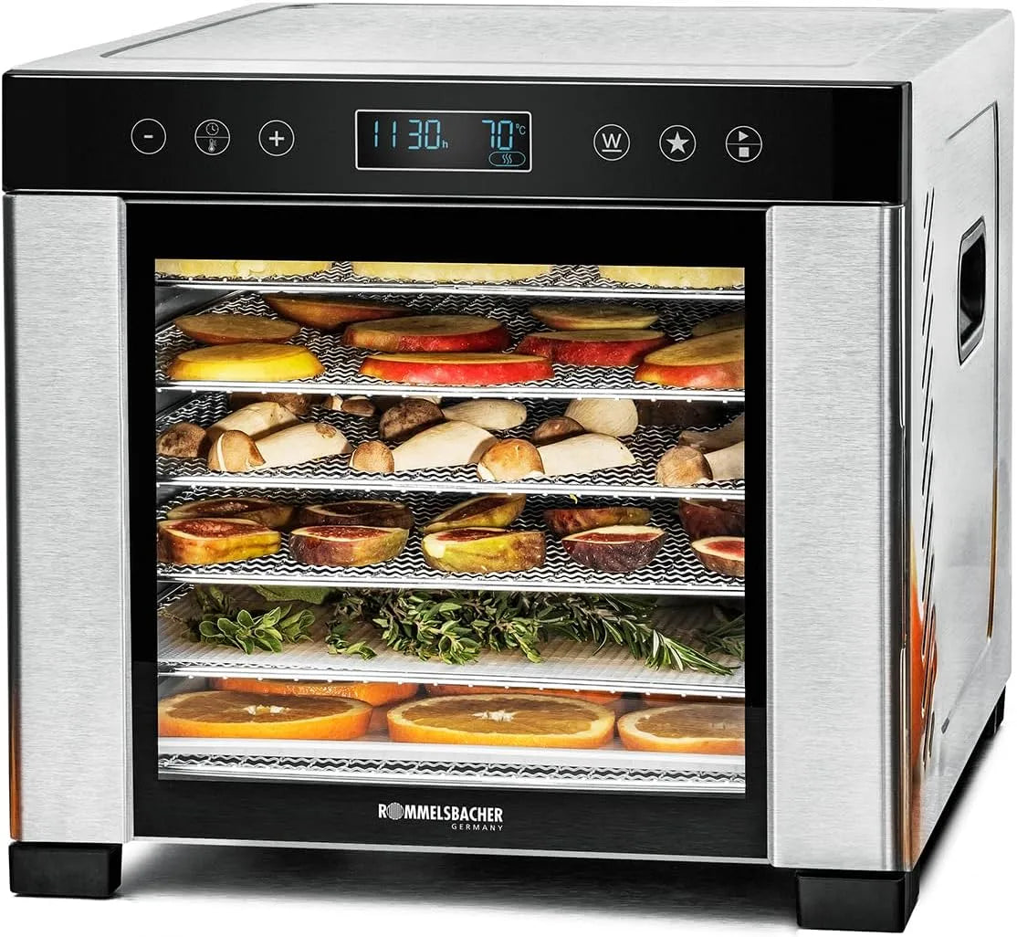 Tablet DA 950, ROMMELSBACHER Dörrautomat, Dörrfläche 0,6 m², 6 Edelstahl-Dörrtabletts, 99 Std. Zeitschaltuhr, 35 °C, 75 °C, Warmhaltefunktion