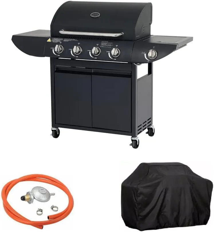 Gasgrill Lagerfeuer, Stahl & Chrom, Temperaturanzeige, Tragbar, in Schwarz, 4+1 Brenner mit Warmhalterost, Seitenbrenner