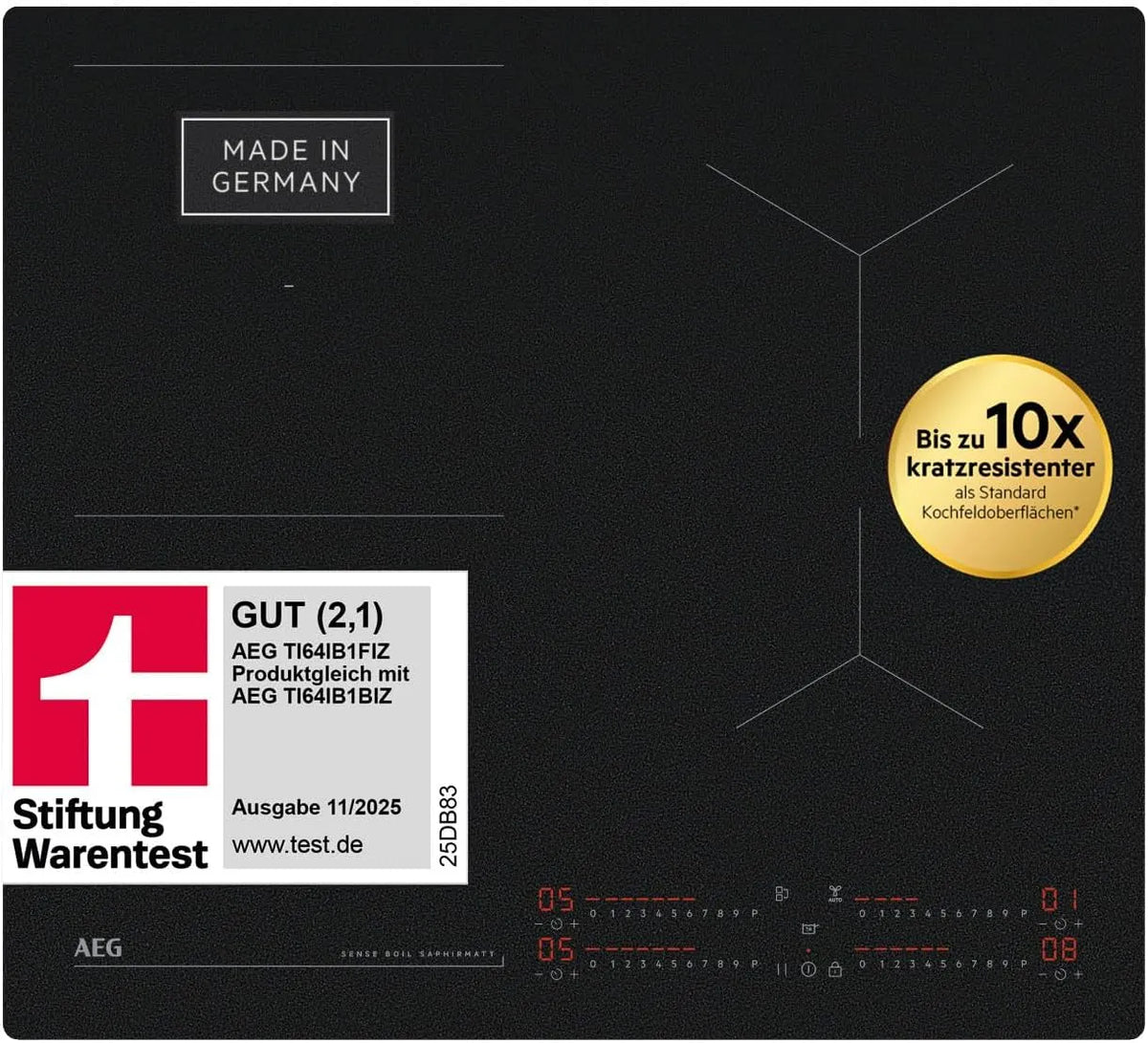 AEG Induktionskochfeld 2er TI64IB1FIZ, Breite 60cm, 4 Flex-Kochzonen mit Kratzresistenter SaphirMatt-Oberfläche, Made in Germany, Hob²Hood