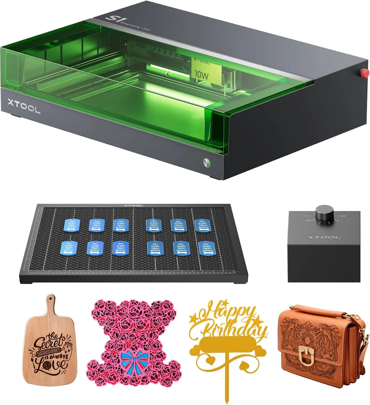 XTool S1 Laser Graviermaschine und Laser Cutter mit air assist und Wabe, Leistung 10W DIY Lasermaschine, Gravur auf Holz, Metall, Leder, Autofokus