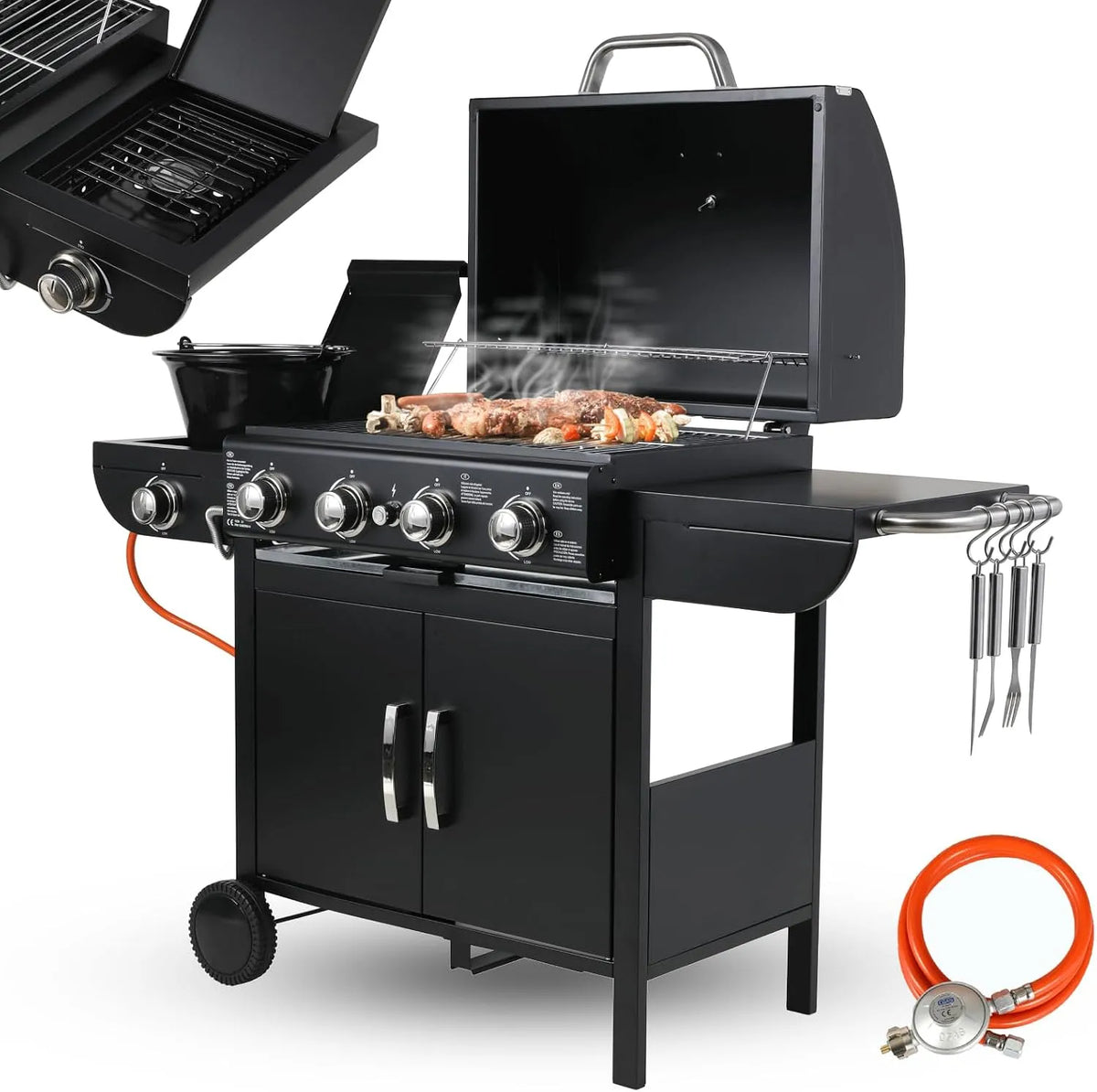 Gasgrill, TLSUNNY 4+1 Brenner, BBQ Grillwagen Gas mit 2 pcs Rad, Leistung 2.93KW + 2.33KW, Master mit Seitenkochfeld, Hochleistungsbrenner, Impulszünd
