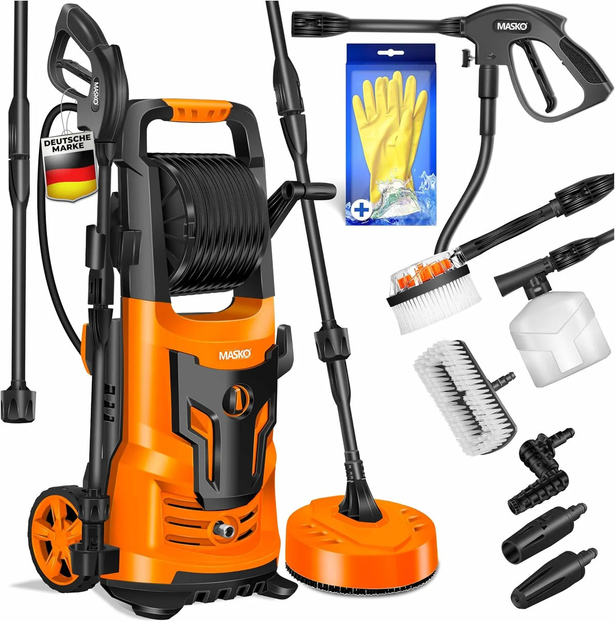 Hochdruckreiniger MASKO, mit Handschuhen, 2200 Watt 165 bar 450 l/h, mit Spule Schlauchtrommel 10m Schlauch 9 TLG Zubehör Set, Schaumdüse, Zäune