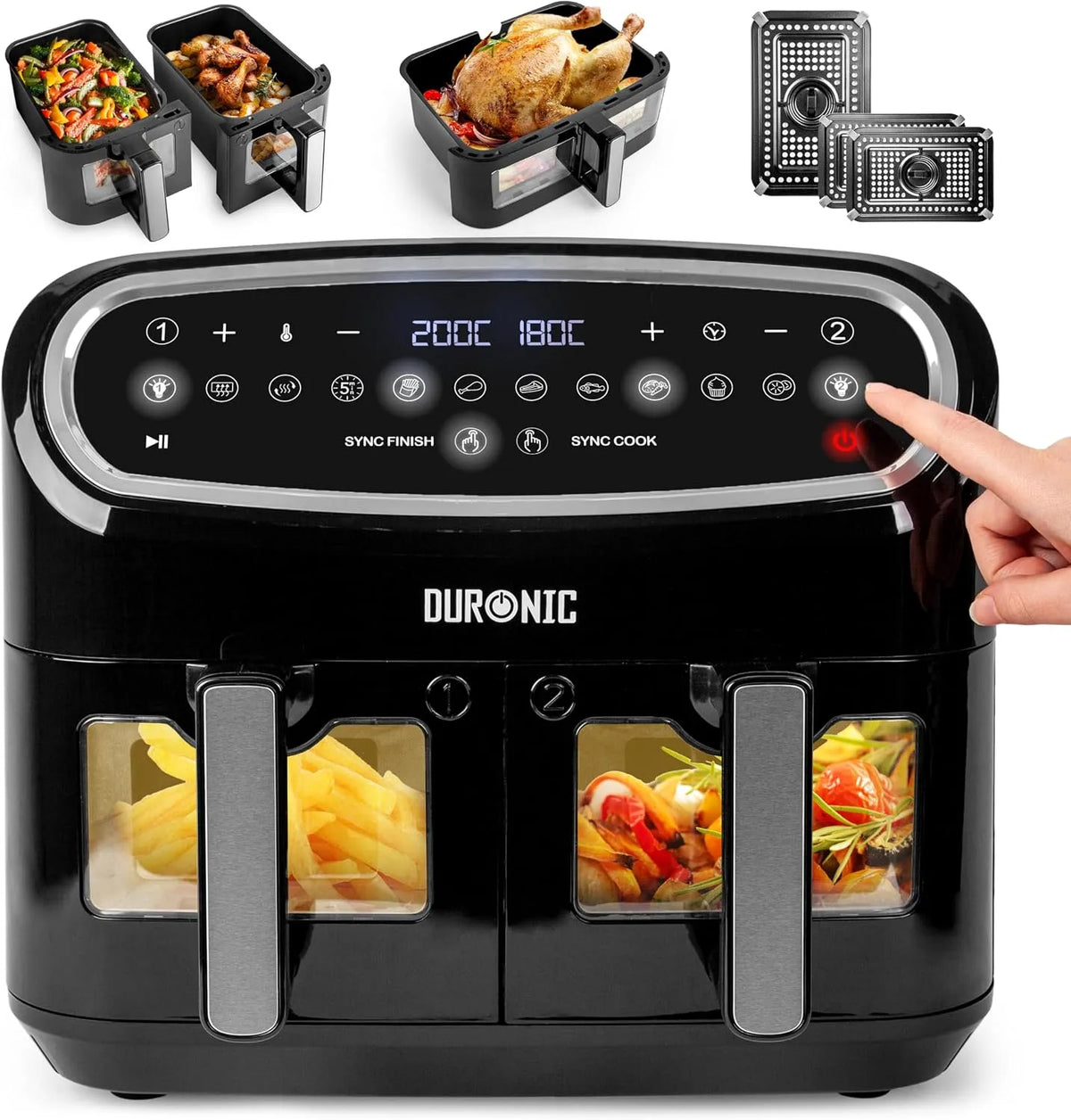Heißluftfritteuse AF34, XXL mit 2 Kammern für Pommes, Friteuse HLF 10L Volumen Airfryer, Duronic BK Heißluftfriteuse, Air Fryer für Rezepte ohne Öl