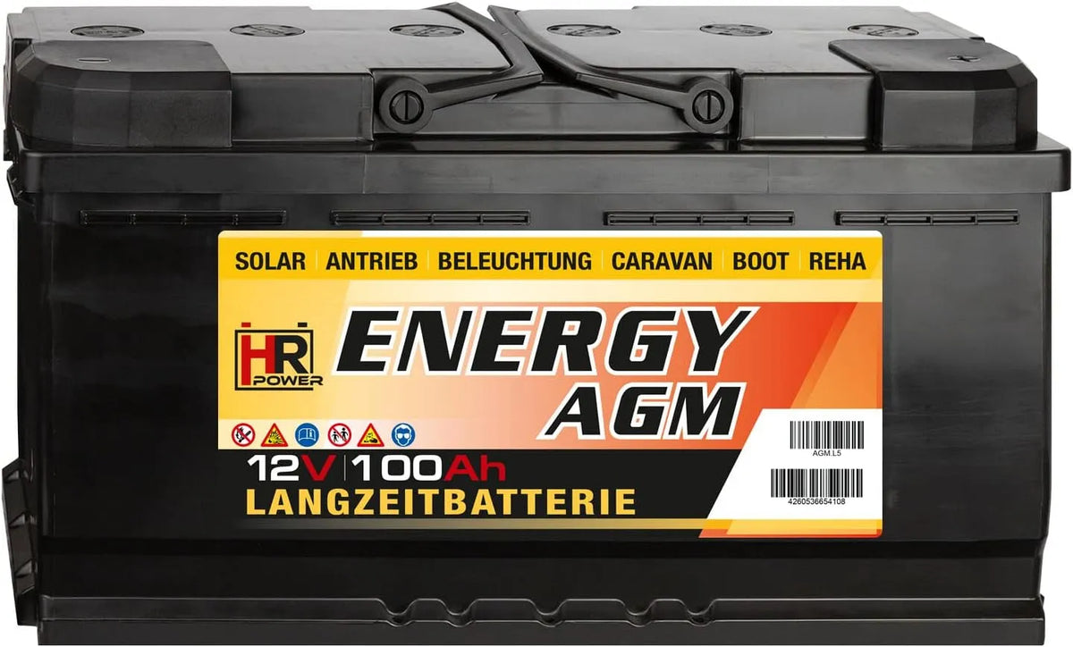 AGM-Batterie, HR-ENERGY 100Ah 12V, Spannung 12V, Wohnmobil Solarbatterie wartungsfrei vibrationsgeschützte Freizeitbatterie Camping