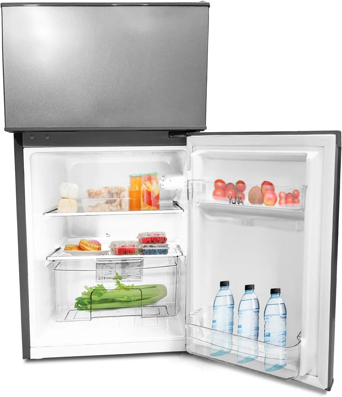 Kühl-Gefrierkombination GK85E-IX YUNA, Büro Kühlschrank, 4*Gefrierfach 25 L, 85cm Höhe, ‎ 84 Liter Nutzinhalt, 2 Böden, 2 Türfächer, Inox-Look, Single