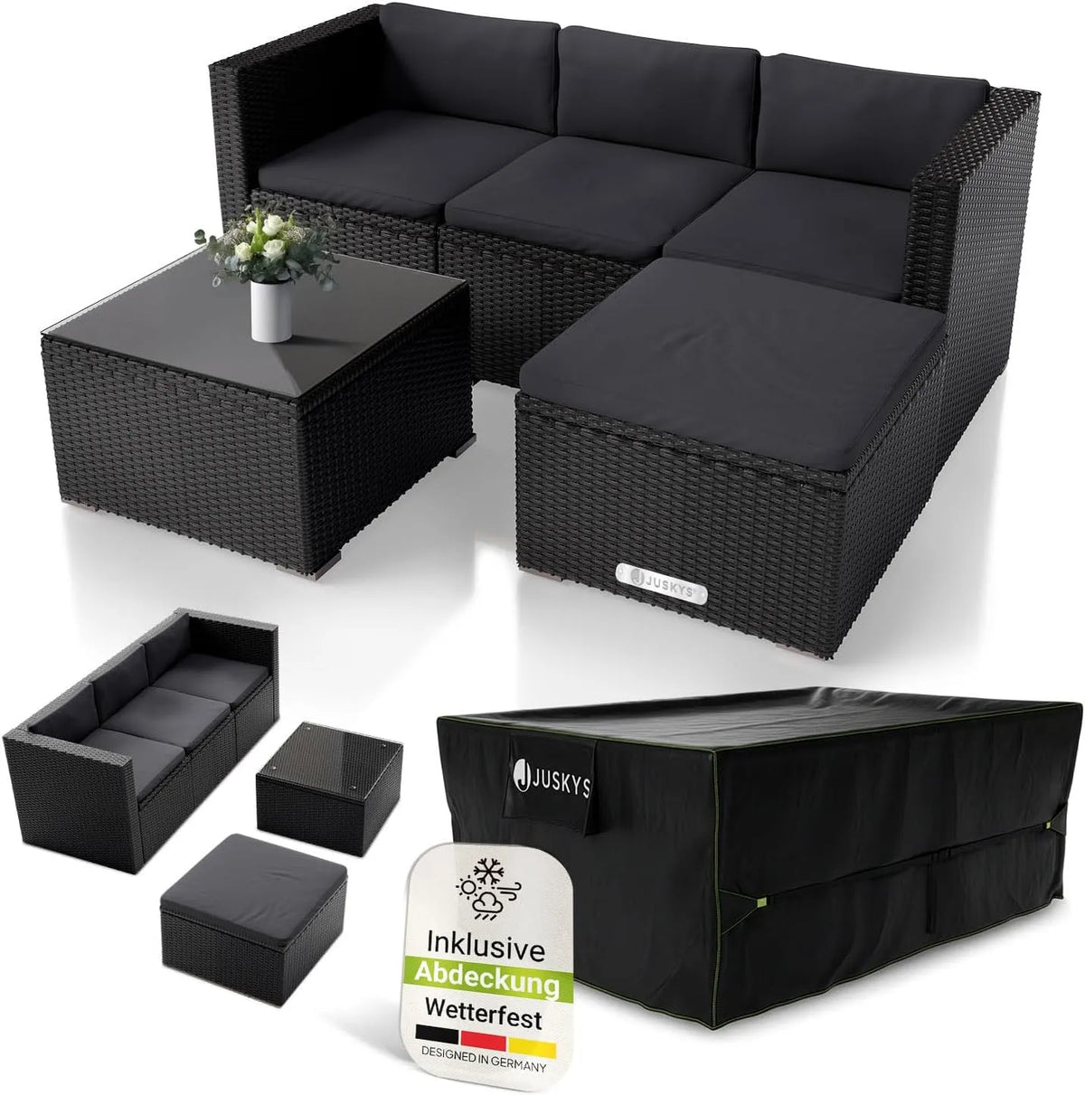 Sofa, Tisch & Kissen, Sitzgruppe für Garten, Gartenmöbel Set wetterfest, in Schwarz, Sessel, Terrasse & Balkon, dunkelgrau