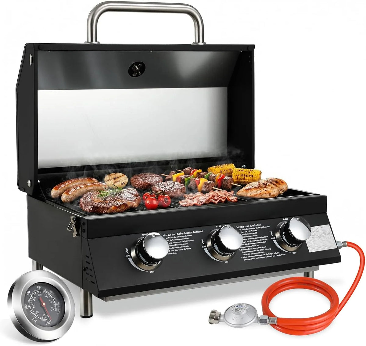 Gasgrill 4PCS, TLSUNNY 3 Brenner Klein, 60 x 33 cm Grillfläche, Leistung 6.6kW, Kompakt Tischgasgrill mit Emaillierter Grillrost, Thermometer, Balkon