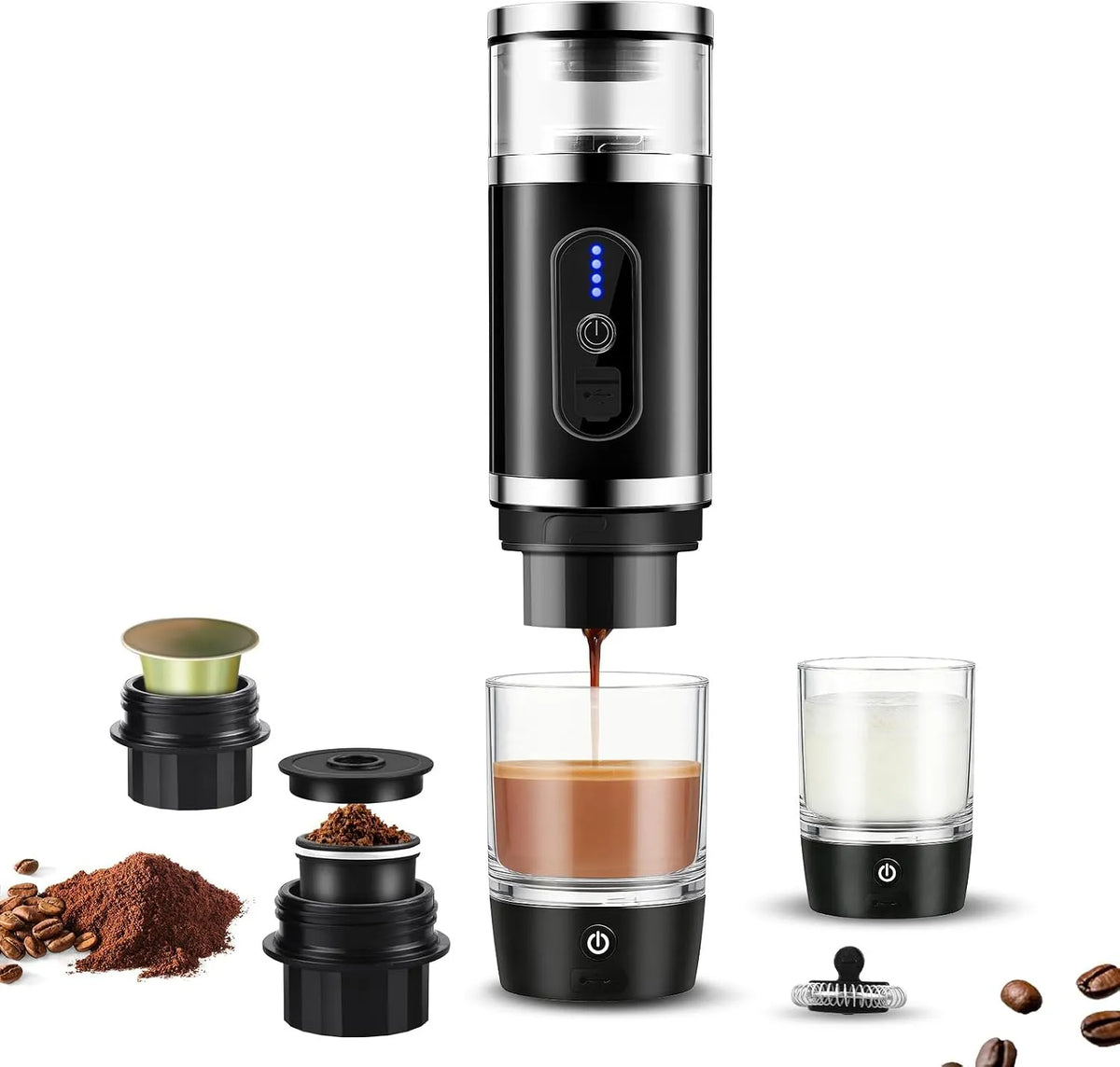 Espressomaschine, für Reisen und beim Camping, 4-in-1 tragbar mit Milchaufschäumer, Macchiato, Cappuccino