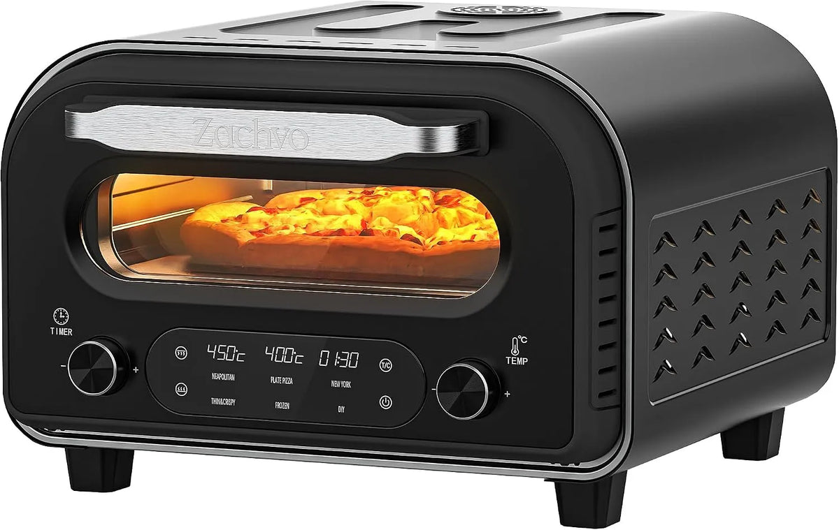 Elektrischer Pizzaofen, 5 voreingestellte Pizzaarten, für 32cm Pizza, Edelstahlgehäuse, Pizzaschieber, in Schwarz, bis 450℃, 1-60 Min Timer