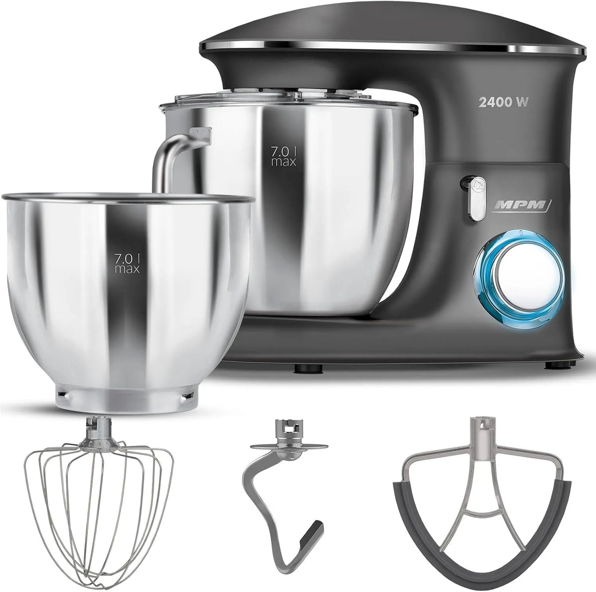 Küchenmaschine MRK-23 MPM Planetarische, Multifunktional Mixer Küche 7l, Küchengeräte Vielseitig Einsetzbar 2400W, Zwei Schüsseln