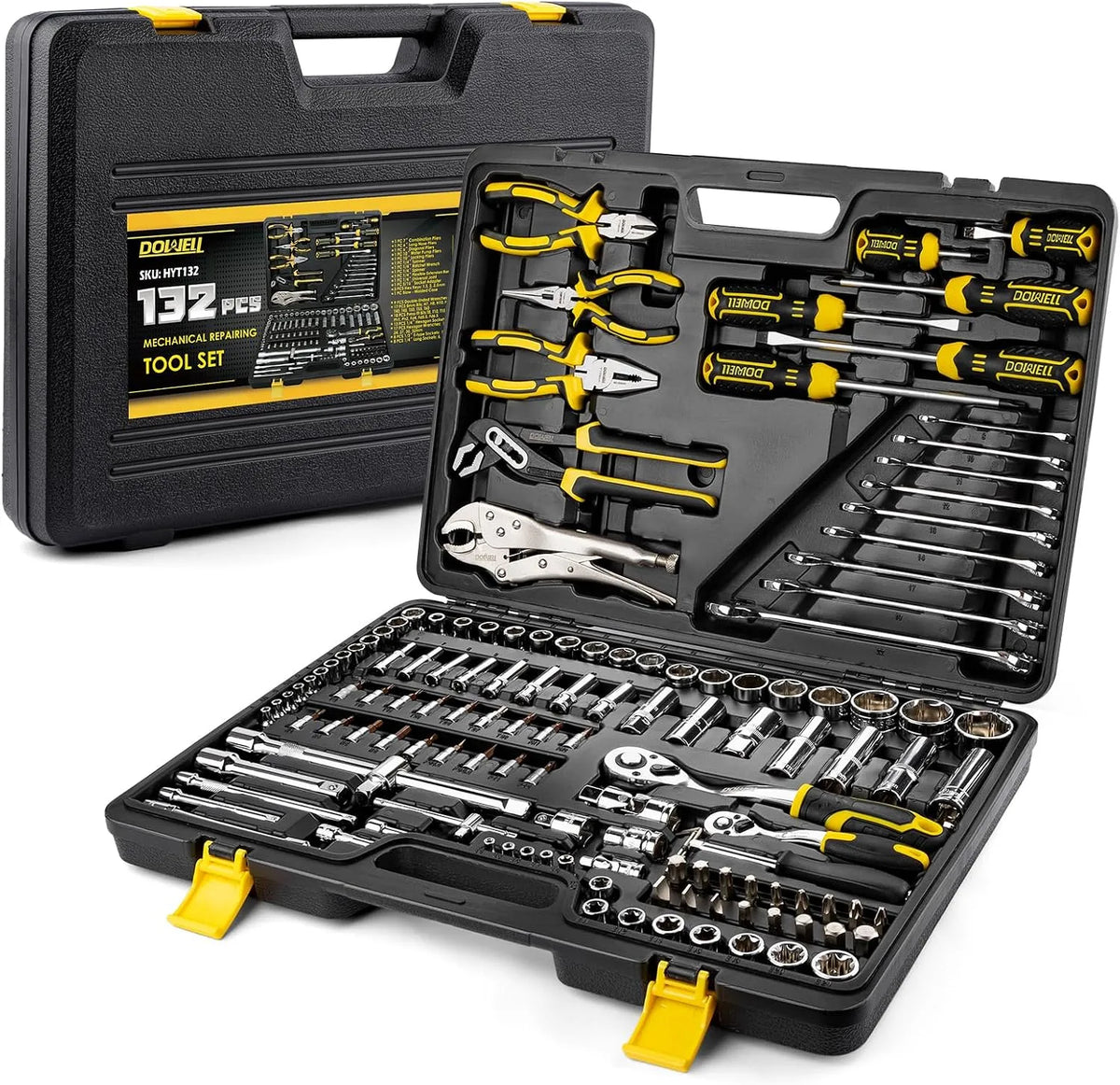 132 Stück DOWELL Werkzeugsatz, Motor- und Garagereparaturen mit Steckdosen, Professional Auto Mechanics Hand Tool Kit, All-in-One für Auto, Motorrad
