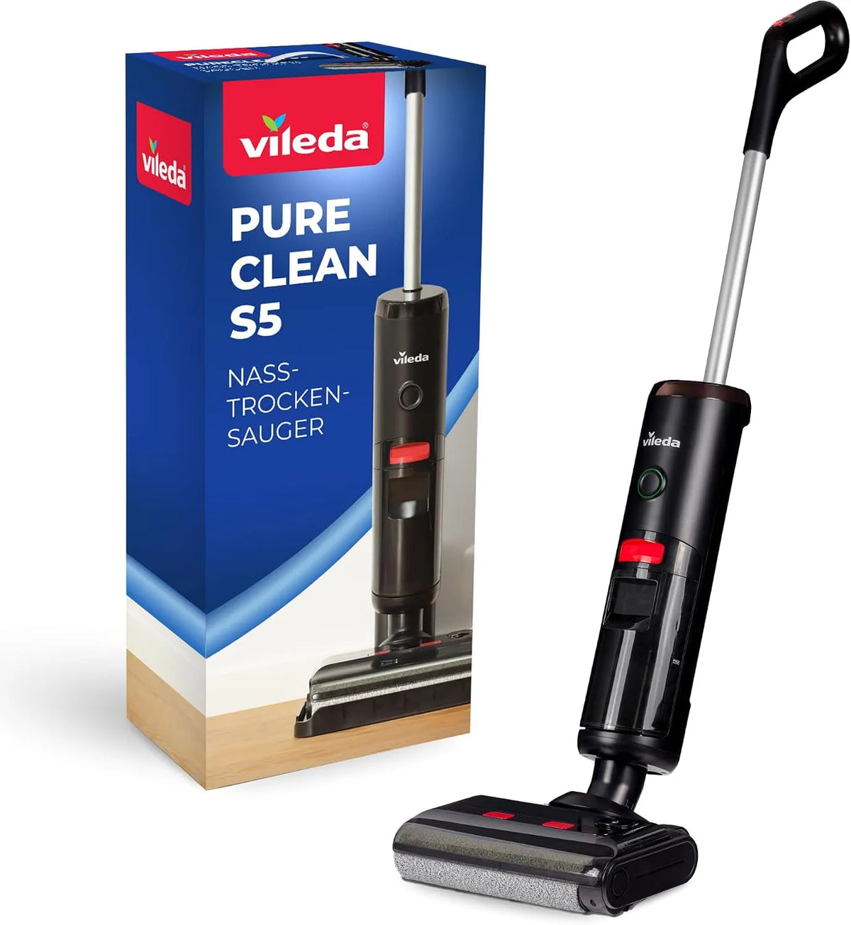 Vileda Nass-/Trockensauger, 3-in-1 Kehren, Kabelloser Nass- & mit Zubehör, LED-Anzeige, Silber, PureClean S5 Plus, Saugen & Wischen, in Schwarz