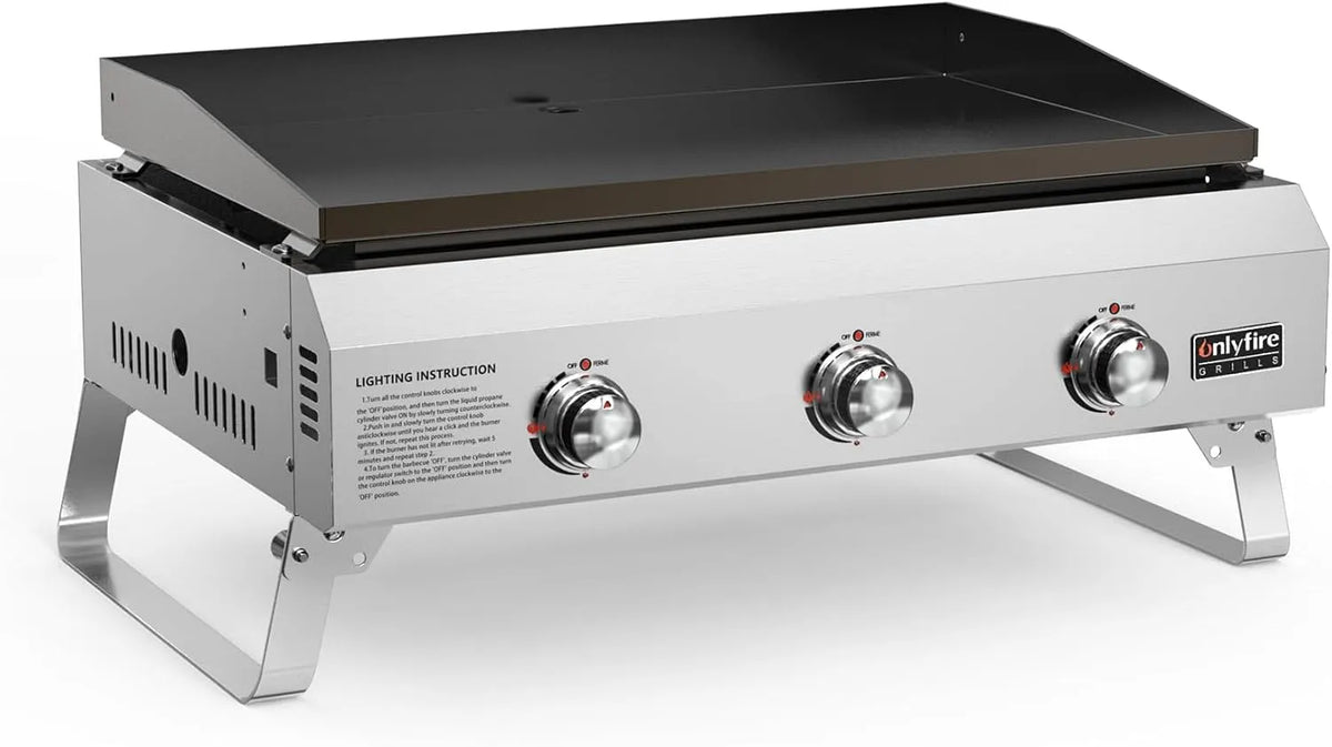 Gasgrill, Leistung 7,03KW, onlyfire Plancha Tischgasgrill 3 Edelstahl-Brenner, Grillfläche 57x36CM, Camping, Keramische Lackbeschichtung Grillplatte