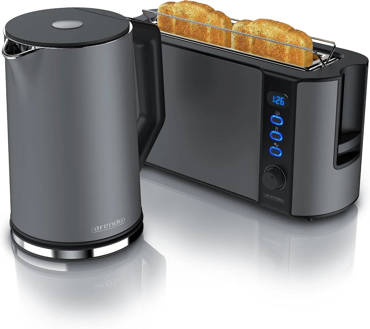 Wasserkocher Arendo, Fassungsvermögen 1,5L 40°-100°C Warmhaltefunktion Toaster 2 Scheiben LED-Display 6 Bräunungsgrade Brötchaufsatz