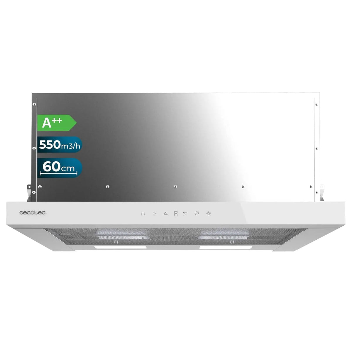Cecotec Dunstabzugshaube 605500, Absaugung 550m³, Teleskop 60cm Flux TLT White Black A++. Motor 70W, 550m³/h, Front aus schwarzem Glas